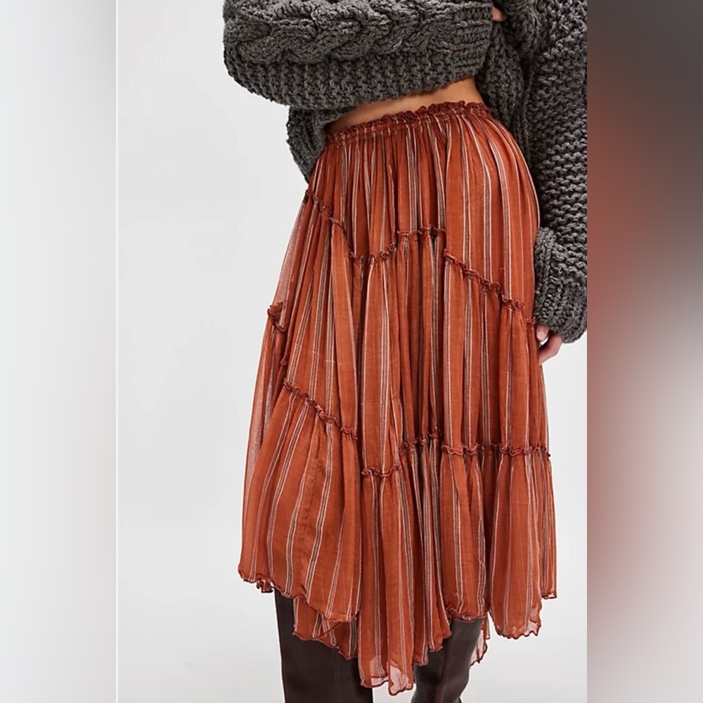 Free People One Ember Printed Flowy Midi Skirt In Terracotta Stripe - Picture 2 of 15